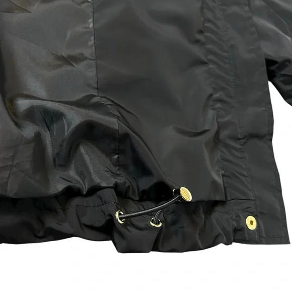 Via Spiga Black Raincoat Womens Size L Loose Fit Swing Lightweight Hooded Lined - Picture 9 of 11